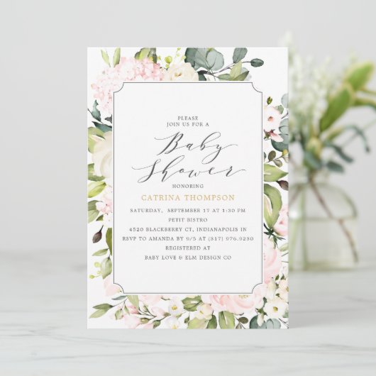 Elegante Blush Bloemen en Eucalyptus Baby shower Kaart (Staand voorkant)
