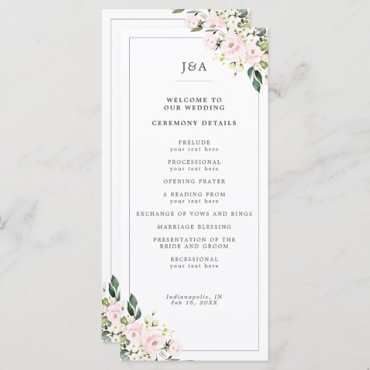 Elegante Blush Bloemen Eucalyptus Groen Huwelijk Programmakaart (Voorkant / Achterkant)