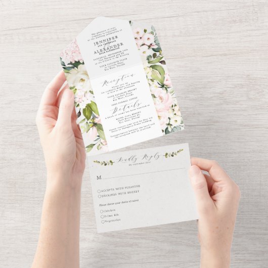 Elegante Blush Bloemen & Eucalyptus Wedding All In One Uitnodiging (Afscheurbaar)
