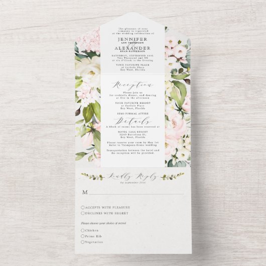 Elegante Blush Bloemen & Eucalyptus Wedding All In One Uitnodiging (Binnen)