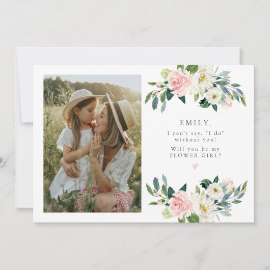 Elegante Blush Bloemen Foto Bloemenmeisje Voorstel Kaart (Voorkant)