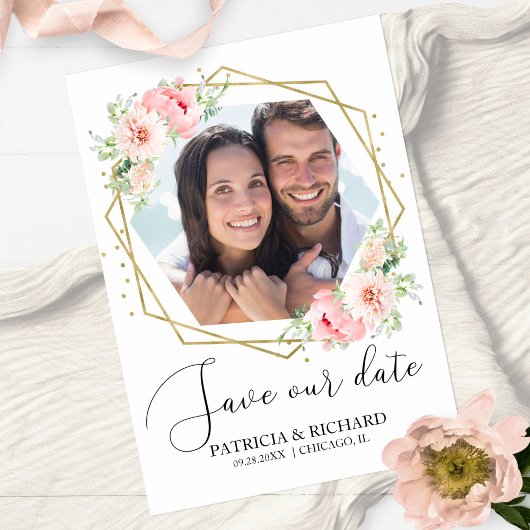 Elegante Blush Bloemen Foto Save the Date Bruiloft Briefkaart