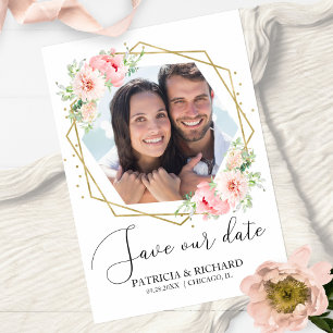 Elegante Blush Bloemen Foto Save the Date Bruiloft Briefkaart