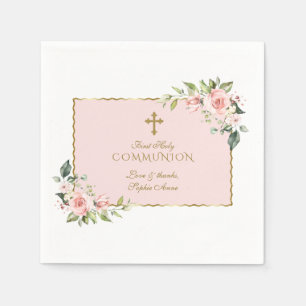 Elegante Blush Bloemen Gold Cross Heilige Communie Servet