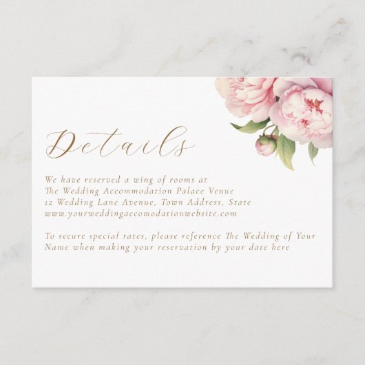 Elegante Blush Bloemen Goud Bruiloft Details Informatiekaartje (Voorkant)