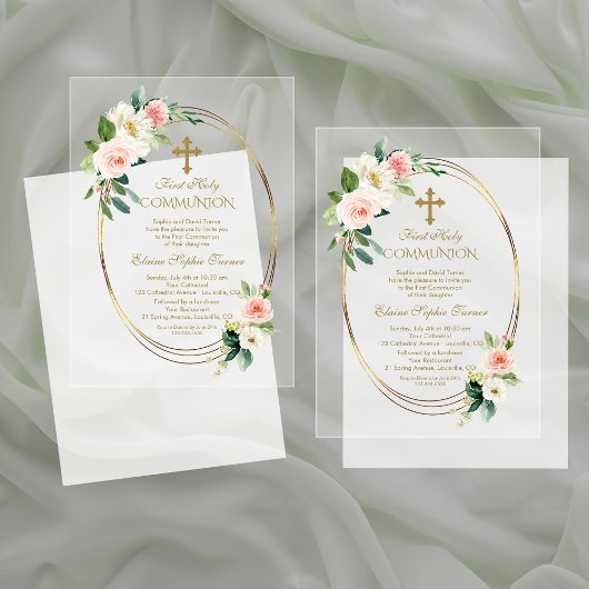 Elegante Blush Bloemen Goud Eerste Heilige Communi Acryl Uitnodigingen