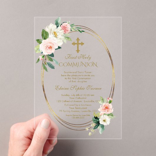 Elegante Blush Bloemen Goud Eerste Heilige Communi Acryl Uitnodigingen (Insitu (Draagbaar))