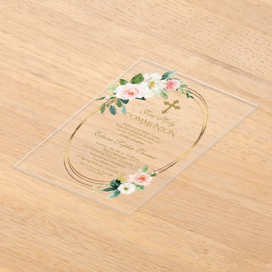 Elegante Blush Bloemen Goud Eerste Heilige Communi Acryl Uitnodigingen (Laagn)