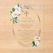 Elegante Blush Bloemen Goud Eerste Heilige Communi Acryl Uitnodigingen (Voorkant)