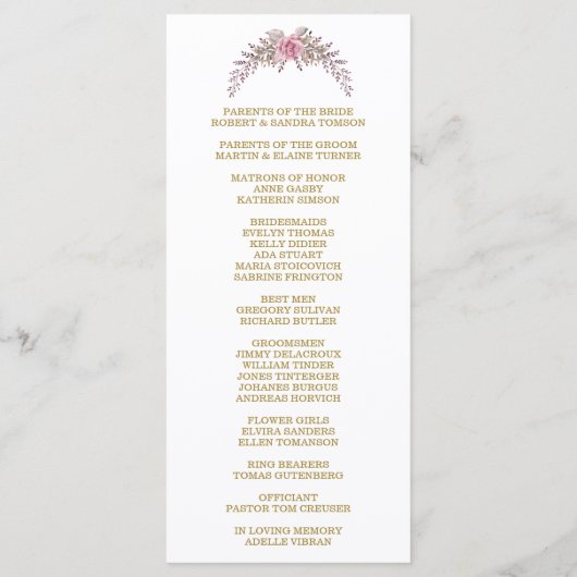 Elegante Blush Bloemen Goud Lijst Trouwprogramma Programmakaart (Achterkant)
