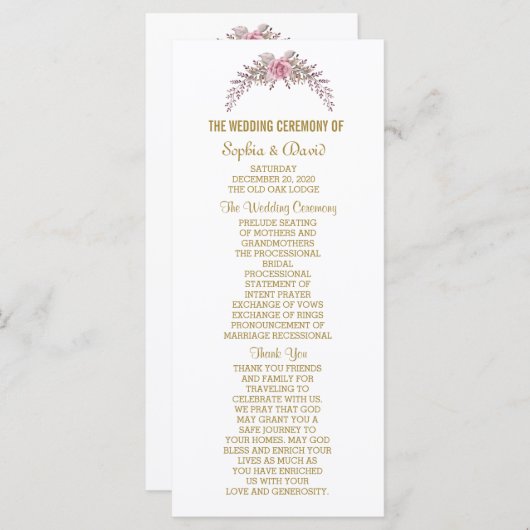 Elegante Blush Bloemen Goud Lijst Trouwprogramma Programmakaart (Voorkant / Achterkant)