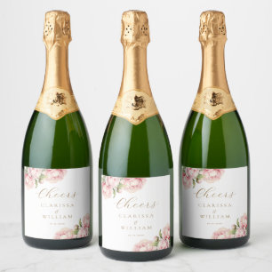 Elegante Blush Bloemen Goud Wit Huwelijk Sparkling Wijnetiket