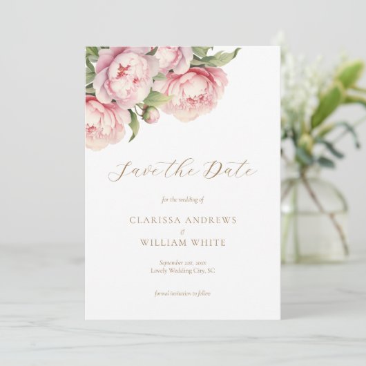 Elegante Blush Bloemen Goud Wit Moderne Bruiloft Save The Date (Staand voorkant)