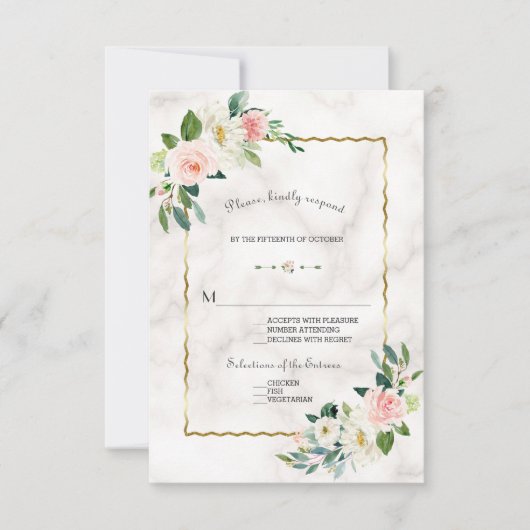 Elegante Blush Bloemen Gouden Marmeren Huwelijk RSVP Kaartje (Voorkant)