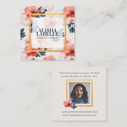 Elegante  Blush Bloemen Gouden Portret Lijst Vierkante Visitekaartje (Voorkant / Achterkant)