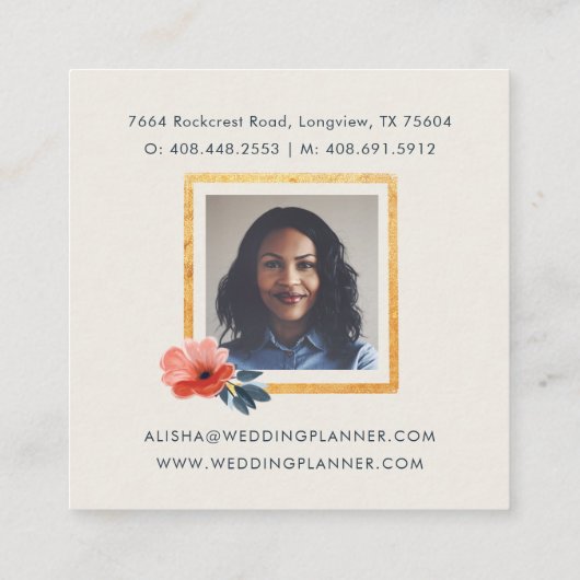 Elegante  Blush Bloemen Gouden Portret Lijst Vierkante Visitekaartje (Achterkant)