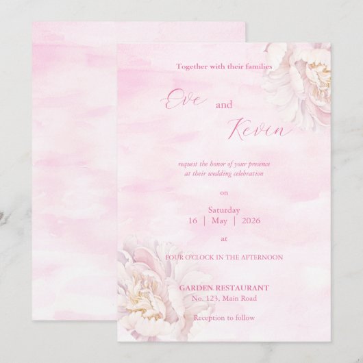 Elegante Blush Bloemen Huwelijksuitnodiging – Bewe Kaart (Voorkant / Achterkant)