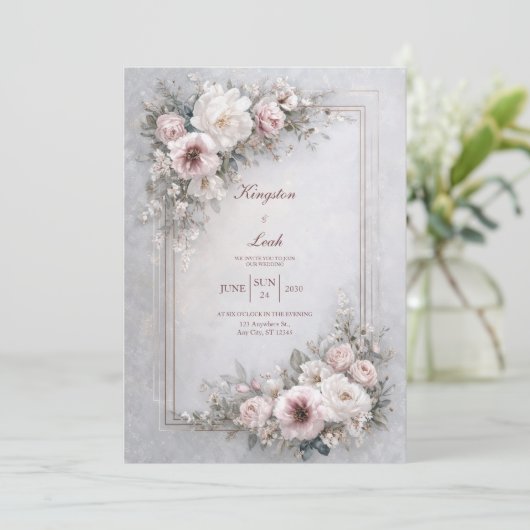Elegante Blush Bloemen Lijst bruiloft Kaart (Staand voorkant)