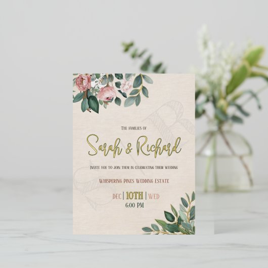 Elegante Blush Bloemen Monogram Huwelijk Folie Uitnodiging Briefkaart (Staand Voorkant)