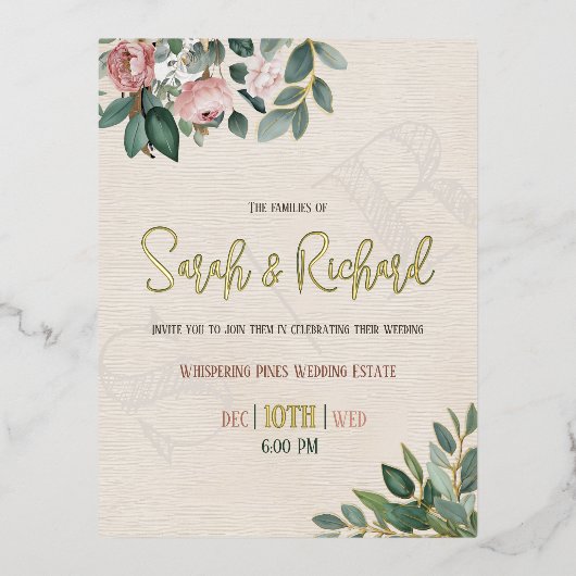 Elegante Blush Bloemen Monogram Huwelijk Folie Uitnodiging Briefkaart (Voorkant)