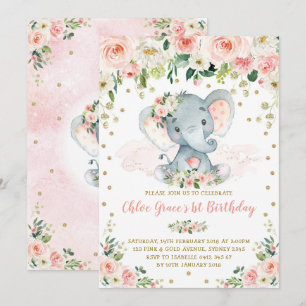 Elegante Blush Bloemen Olifant Meisje 1e Verjaarda Kaart