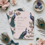 Elegante Blush Bloemen Pauw bruiloft Save The Date<br><div class="desc">Deze Elegant Blush Floral Peacock Wedding Save the Date is voorzien van handgetekende blauwe en blauwgroen pauwen op Magnolia-takken in volle bloei in zwarte inkt op een elegante blush roze achtergrond. De achterkant heeft een prachtig patroon met dezelfde kunstelementen. Personaliseer met uw eventgegevens door op "Deze sjabloon personaliseren" op de...</div>