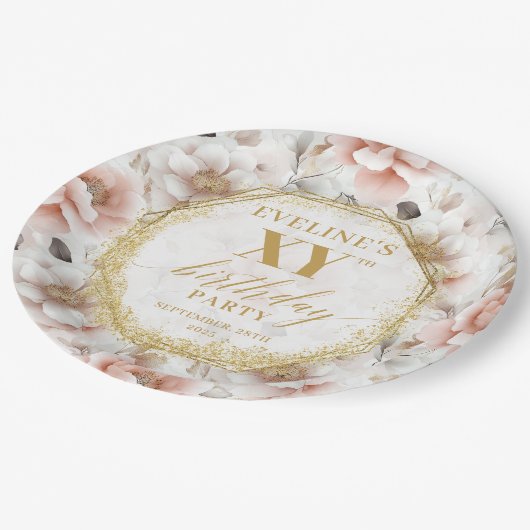 Elegante Blush Bloemen Verjaardagsfeest Papieren B Papieren Bordje (Gekanteld)