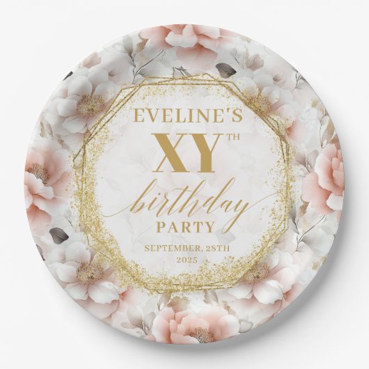 Elegante Blush Bloemen Verjaardagsfeest Papieren B Papieren Bordje (Voorkant)
