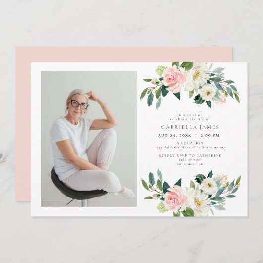 Elegante Blush Bloemen Viering van het leven Begra Kaart (Voorkant / Achterkant)