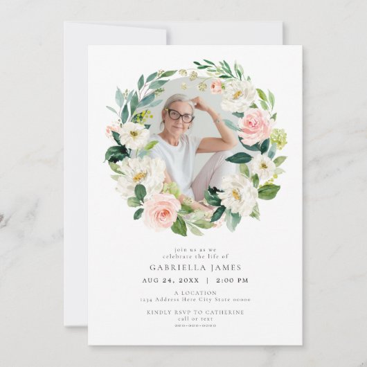 Elegante Blush Bloemen Viering van het leven Begra Kaart (Voorkant)