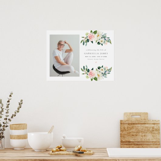 Elegante Blush Bloemen Viering van het leven Begra Poster (Keuken)