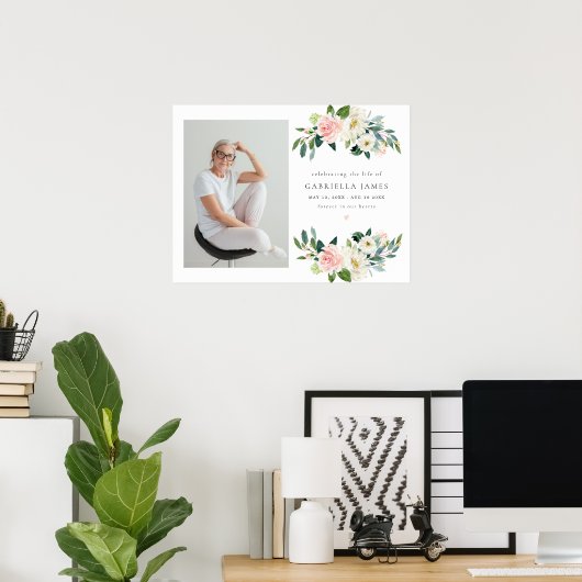 Elegante Blush Bloemen Viering van het leven Begra Poster (Thuiskantoor)