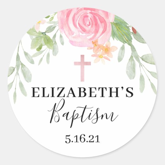 Elegante Blush Bloemen Waterverf Doop Ronde Sticker (Voorkant)