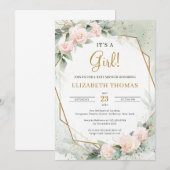 Elegante Blush Bloemengroen Goud Het is een Meisje Kaart (Voorkant / Achterkant)