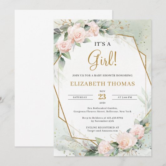 Elegante Blush Bloemengroen Goud Het is een Meisje Kaart (Voorkant / Achterkant)