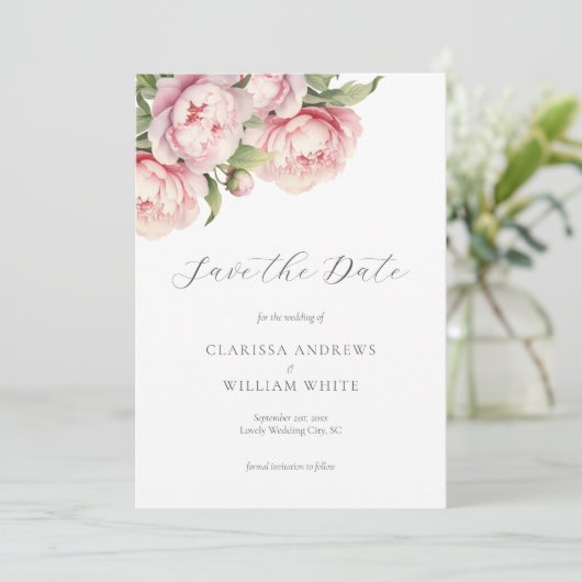 Elegante Blush Bloemige Witte Moderne Trouwdag Save The Date (Staand voorkant)