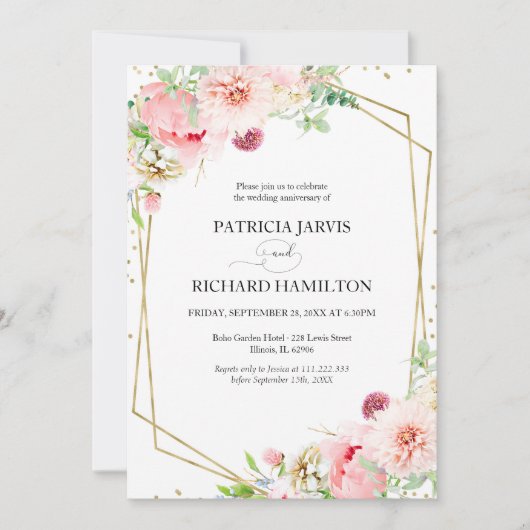 Elegante Blush Bloemrijke Geometrische Huwelijksve Kaart (Voorkant)