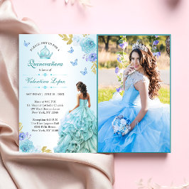 Elegante Blush Blue Bloemen Quinceañera Uitnodigin Kaart