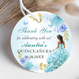 Elegante Blush Blue Floral Quinceañera Verjaardag Bedankjes Labels