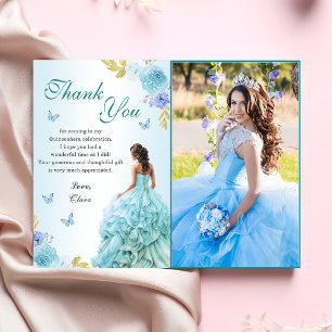 Elegante Blush Blue Floral Quinceañera Verjaardag Bedankkaart