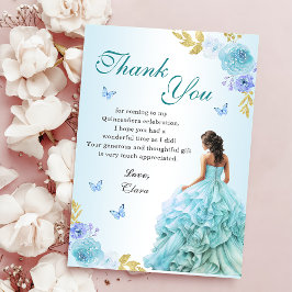 Elegante Blush Blue Floral Quinceañera Verjaardag Bedankkaart