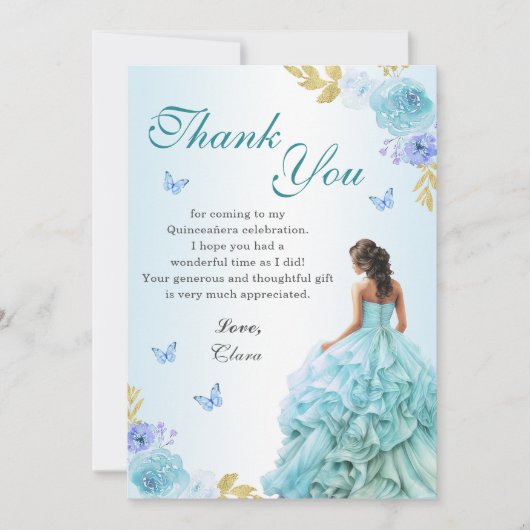 Elegante Blush Blue Floral Quinceañera Verjaardag Bedankkaart (Voorkant)