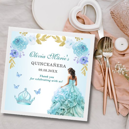Elegante Blush Blue Floral Quinceañera Verjaardag Servet