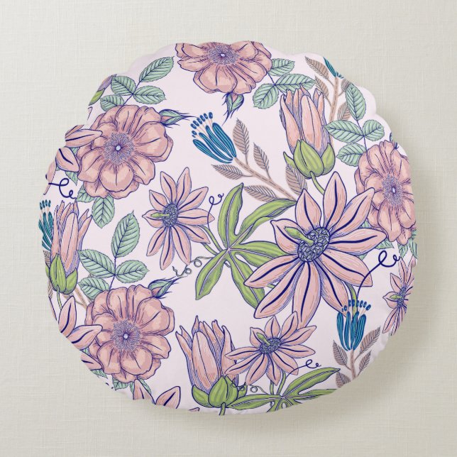 Elegante  Blush & Blue Floral Ronde Kussen (Voorkant)