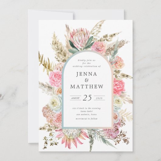Elegante Blush Bohemian Bloemen Bruiloft Uitnodigi Kaart (Voorkant)