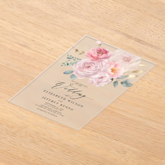 Elegante Blush Botanische Bloemen Huwelijk Acryl Uitnodigingen (Laagn)