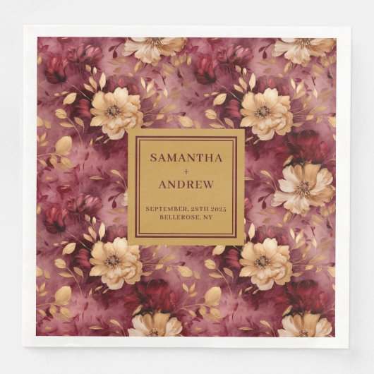 Elegante Blush Bourgogne Gouden Bloemen Trouwserve Servet (Voorkant)