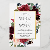 Elegante Blush Bourgondië en Navy Bloemen Bruiloft Folie Uitnodiging (Voorkant)