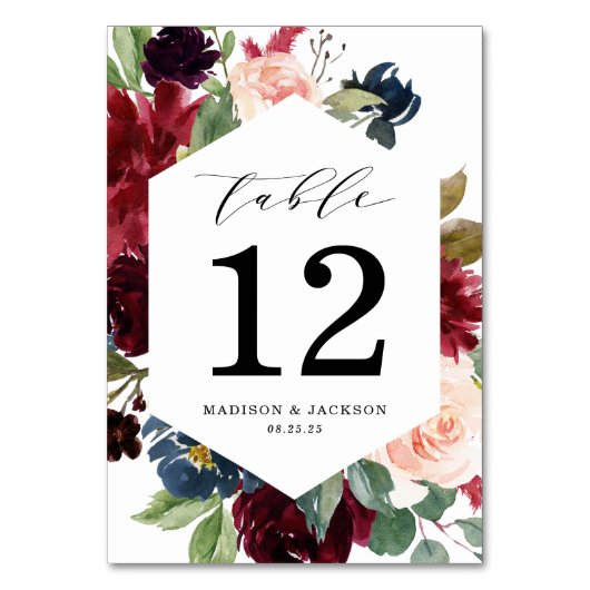 Elegante Blush Bourgondië en Navy Bloemen Bruiloft Kaart (Achterkant)