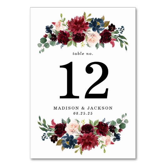 Elegante Blush Bourgondië en Navy Bloemen Bruiloft Kaart (Voorkant)